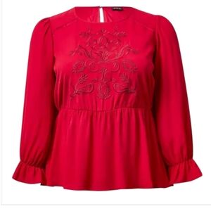 Torrid jester red embroidered georgette peplum long sleeve blouse 28